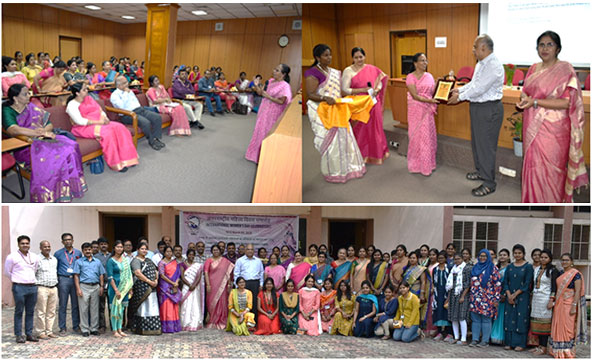 Prof. Gita Sharma delivering a talk (above) and Dr. G. Padmanabham with Prof. Gita Sharma and all Women employees and students at ARCI (below)