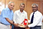 Dr. J.T. Shahu, IIT Delhi (Middle) presenting memento to  Dr. Asokan Pappu (Right) and Dr. S.K.S. Rathod (Left) from CSIR-AMPRI, Bhopal (for their contributions in the area of Waste Management Technologies) in the Swacchta Packwada Program  arranged at Technology Bhawan, DST on May 2nd, 2018